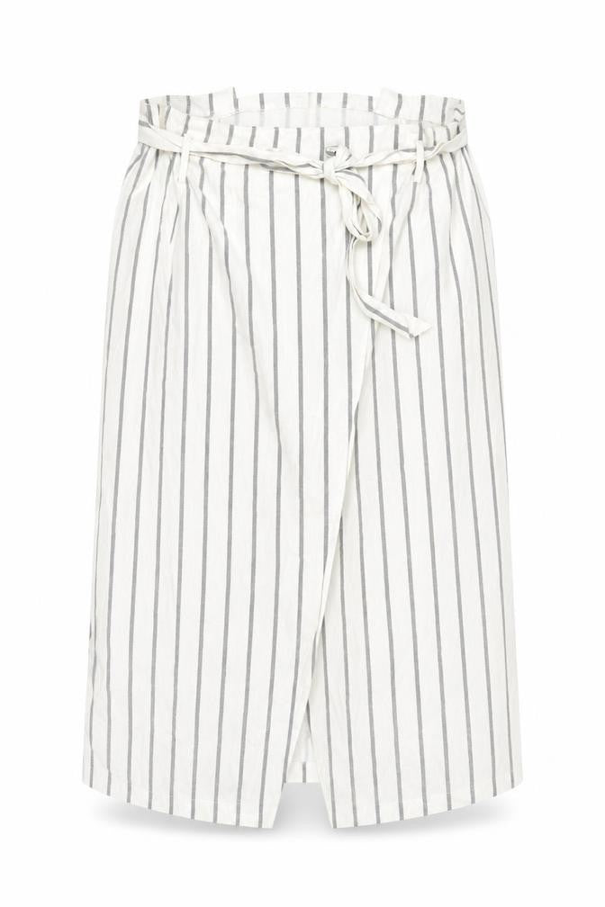 Front view of ASOS Women’s White Striped Linen Wrap Midi Skirt, size UK 18