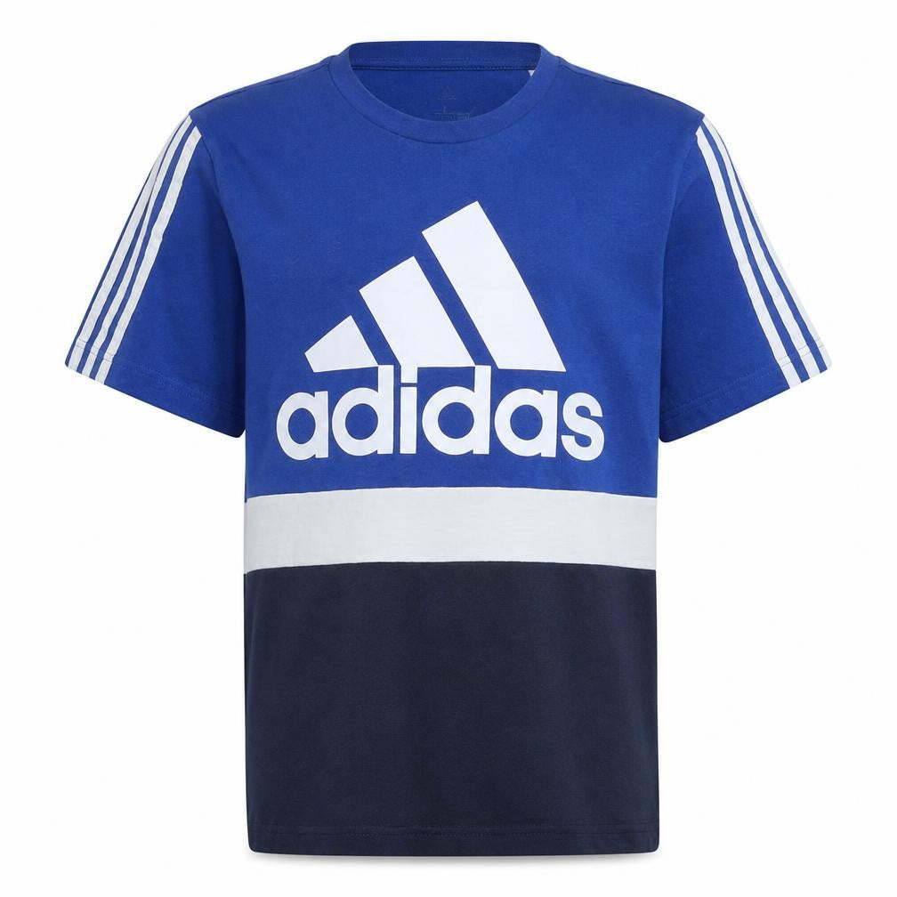 Front view of Adidas Men's Blue Colourblock Logo Sports T-Shirt, size L