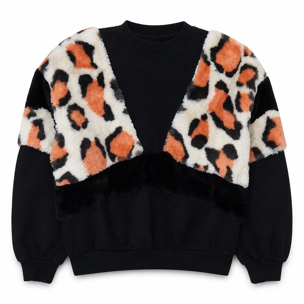 Bershka Womens Black Leopard Faux Fur Pullover Sweatshirt M