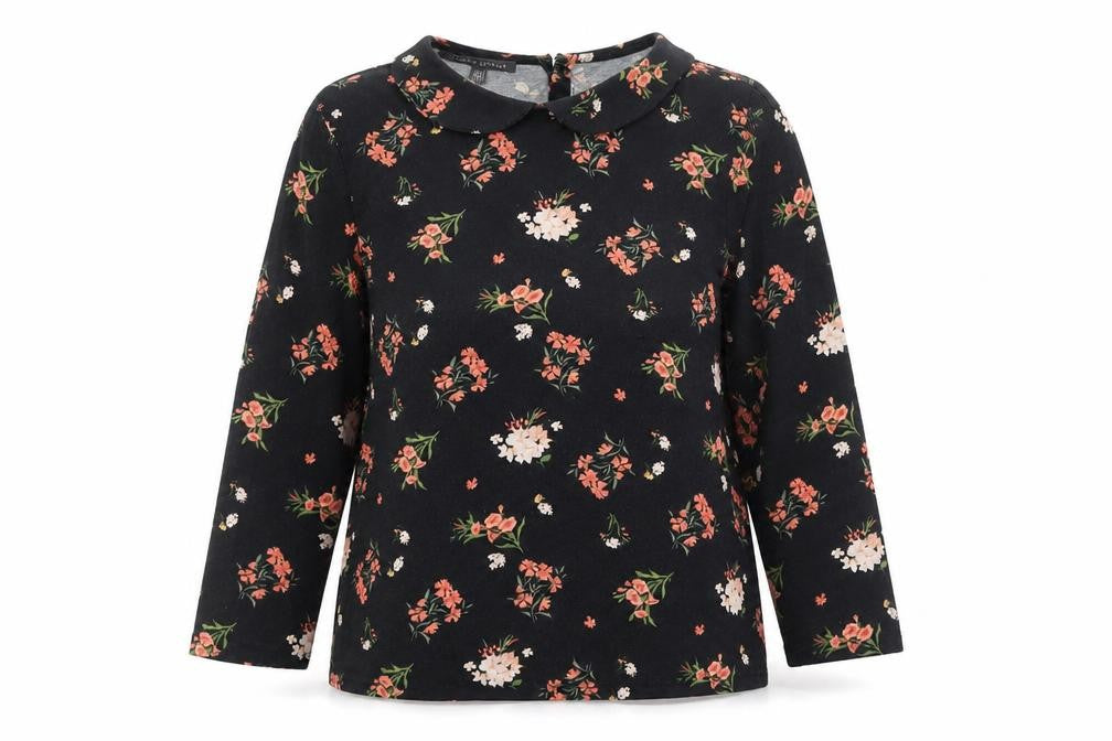 Laura Ashley Women Black Floral Collared Long Sleeve Tunic Blouse UK 12