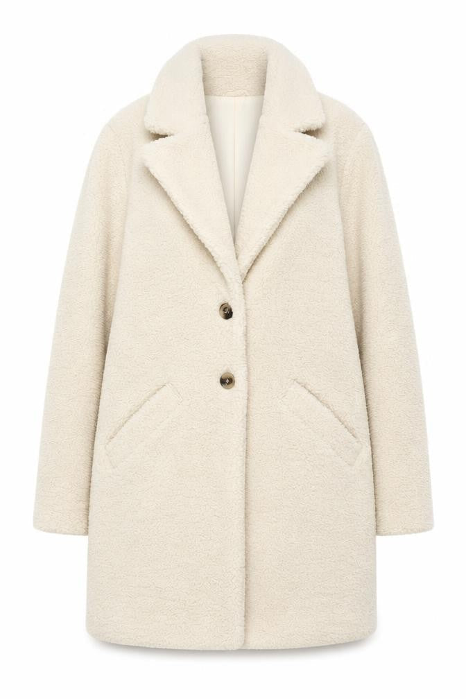 VILA Women Ivory Mid-Length Buttoned Teddy Coat Size 6