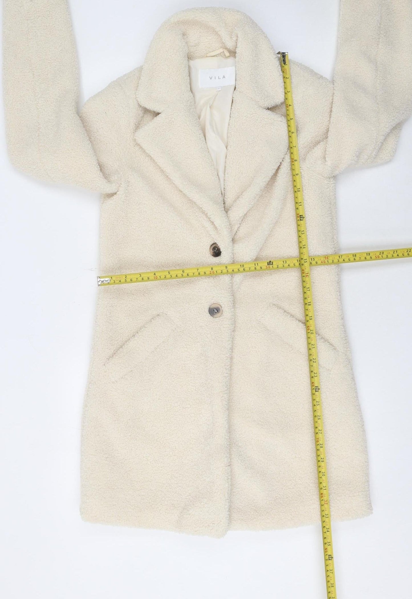 Vila Women Ivory Mid-Length Buttoned Teddy Coat Size 6