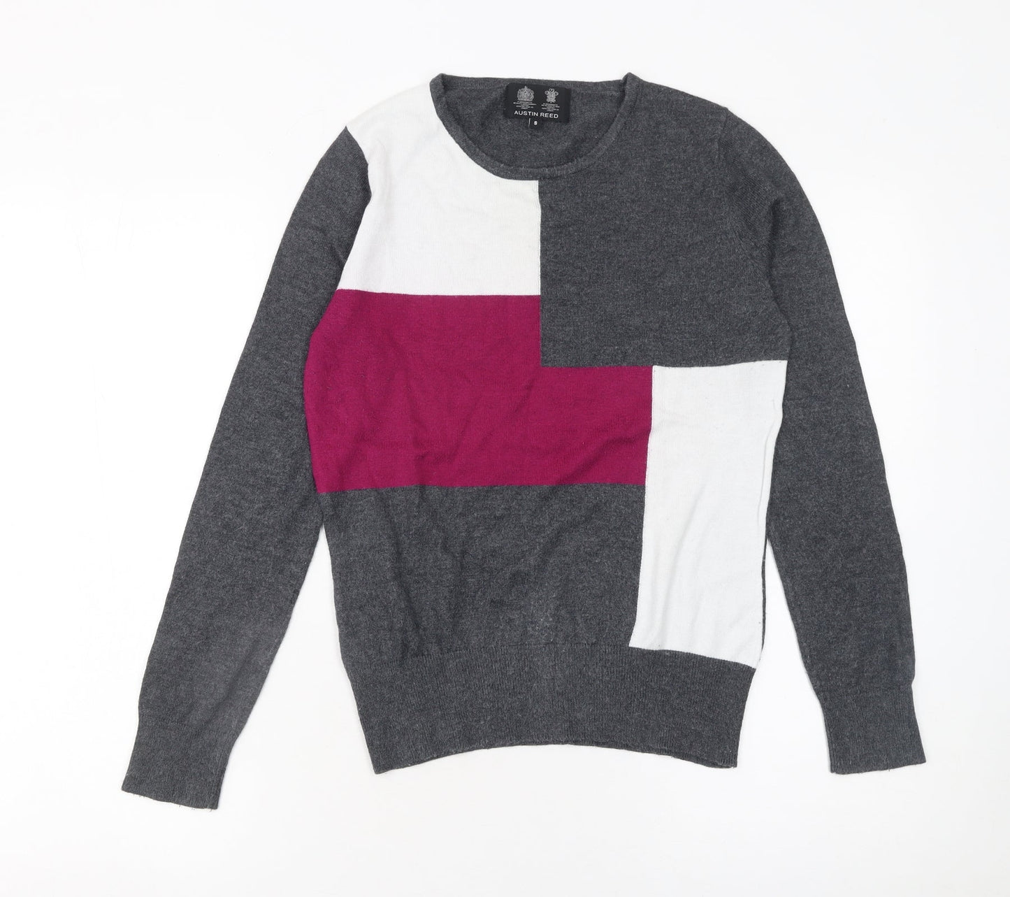 Austin Reed Women's Grey Geometric Wool Blend Crew Neck Jumper Size S