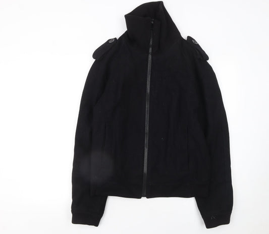 Zara Man Black Wool Bomber Jacket Mens L Regular Fit Full Zip