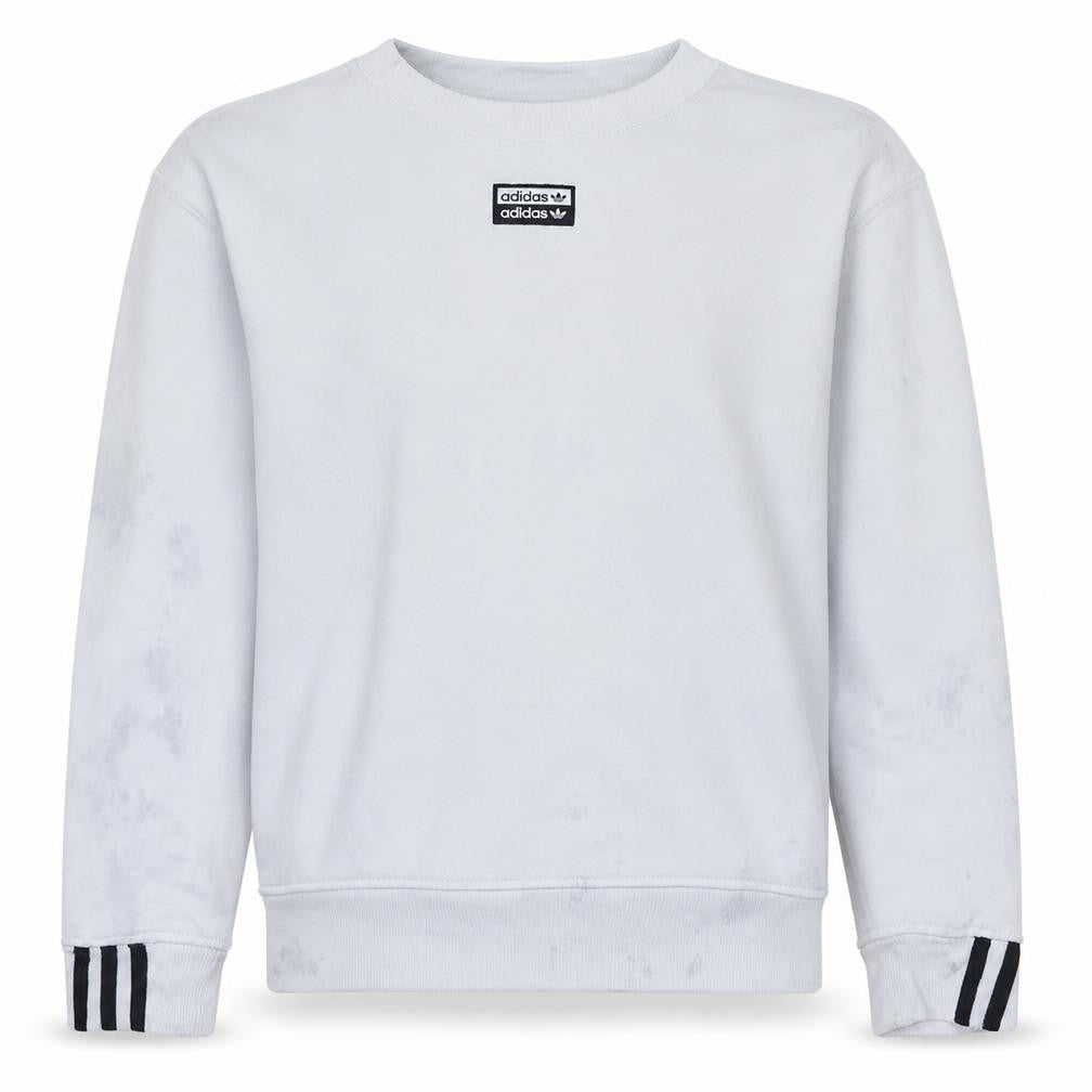 Front view of Adidas men’s white xs crew neck sweatshirt with logo detail