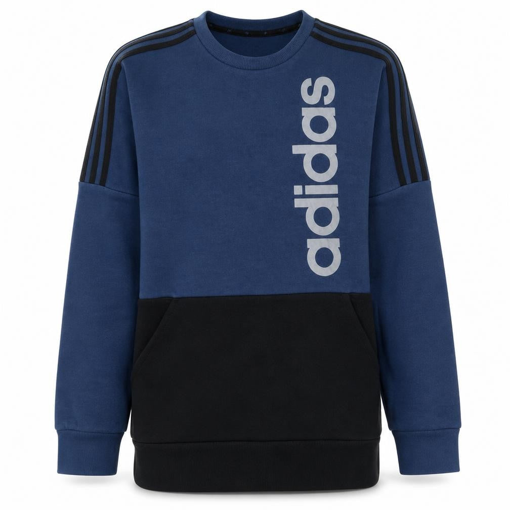 Front view of Adidas men’s blue pullover sweatshirt, size M, logo crew neck fleece