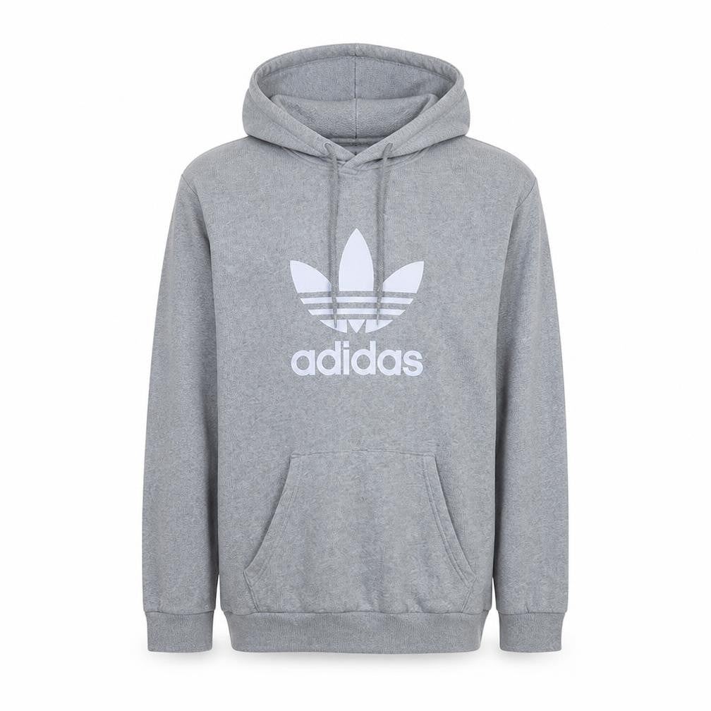 Front view of Adidas Men's Grey Pullover Hoodie Small Logo Cotton Blend