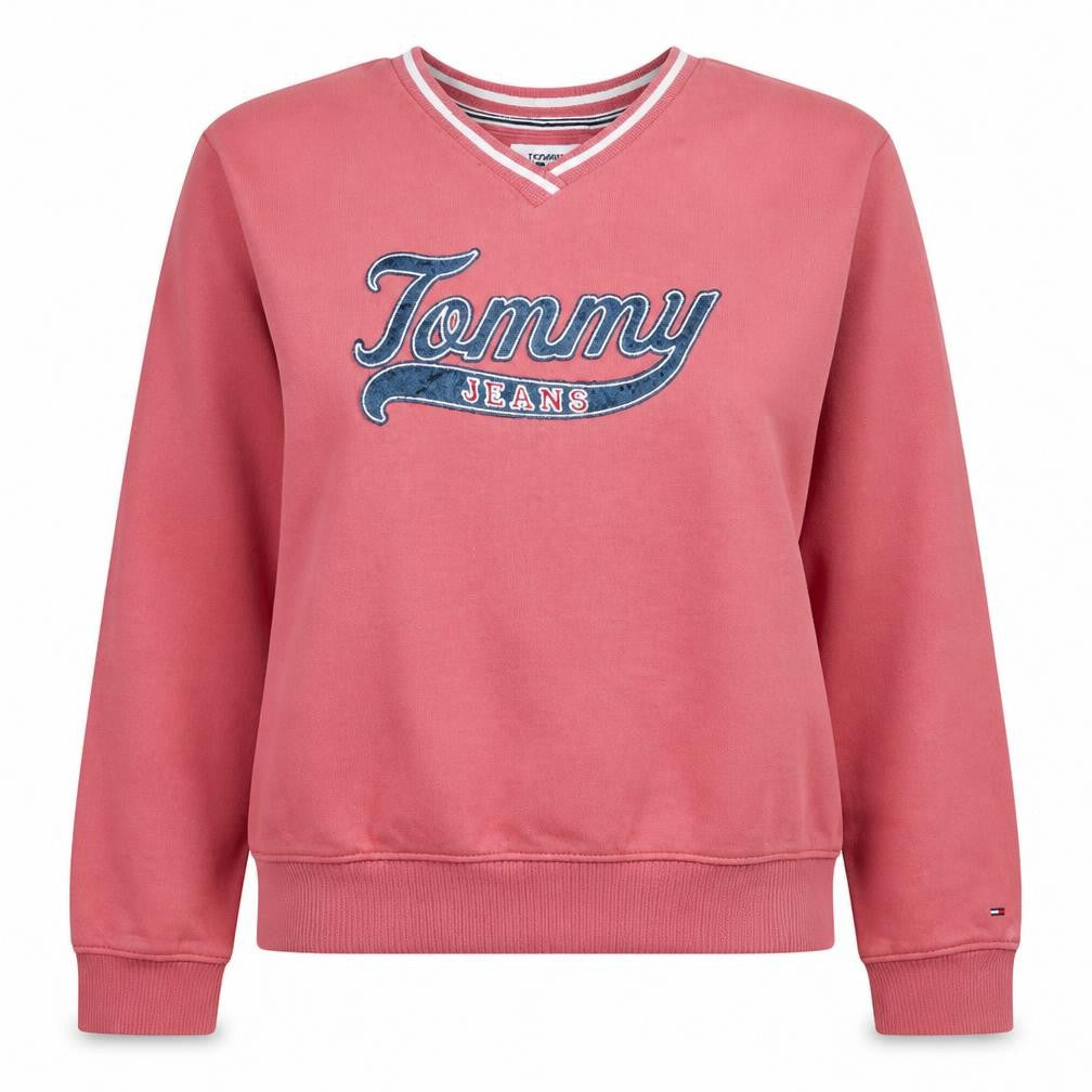 Tommy Jeans Women's Pink V-Neck Pullover Sweatshirt M Cotton Blend