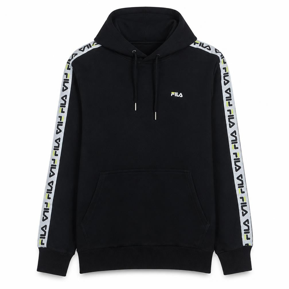 Front view of Fila Men's Black Small Pullover Hoodie with Logo Tape Trim