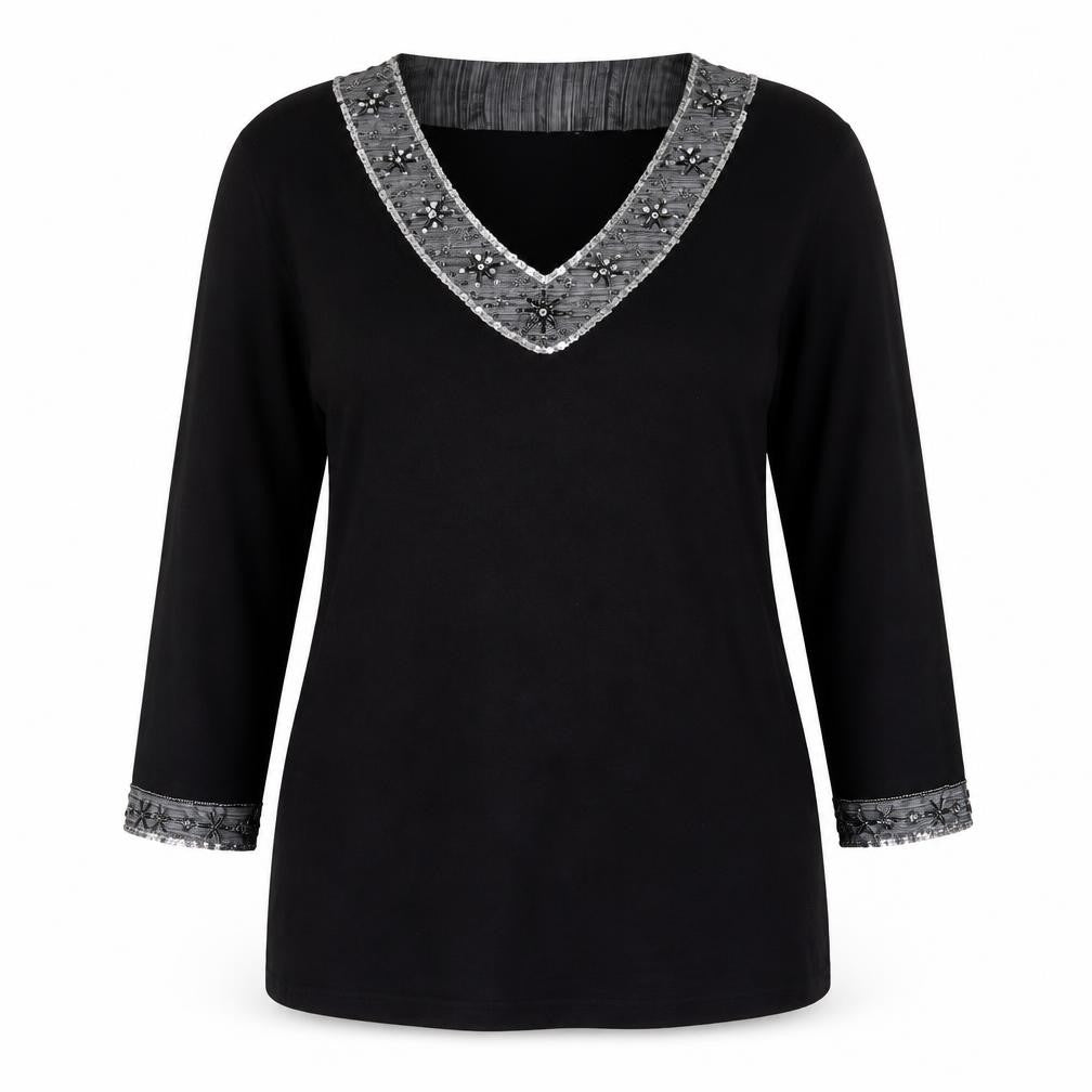 Wallis Women Black Petite Size 10 Beaded V-Neck 3/4 Sleeve Jumper