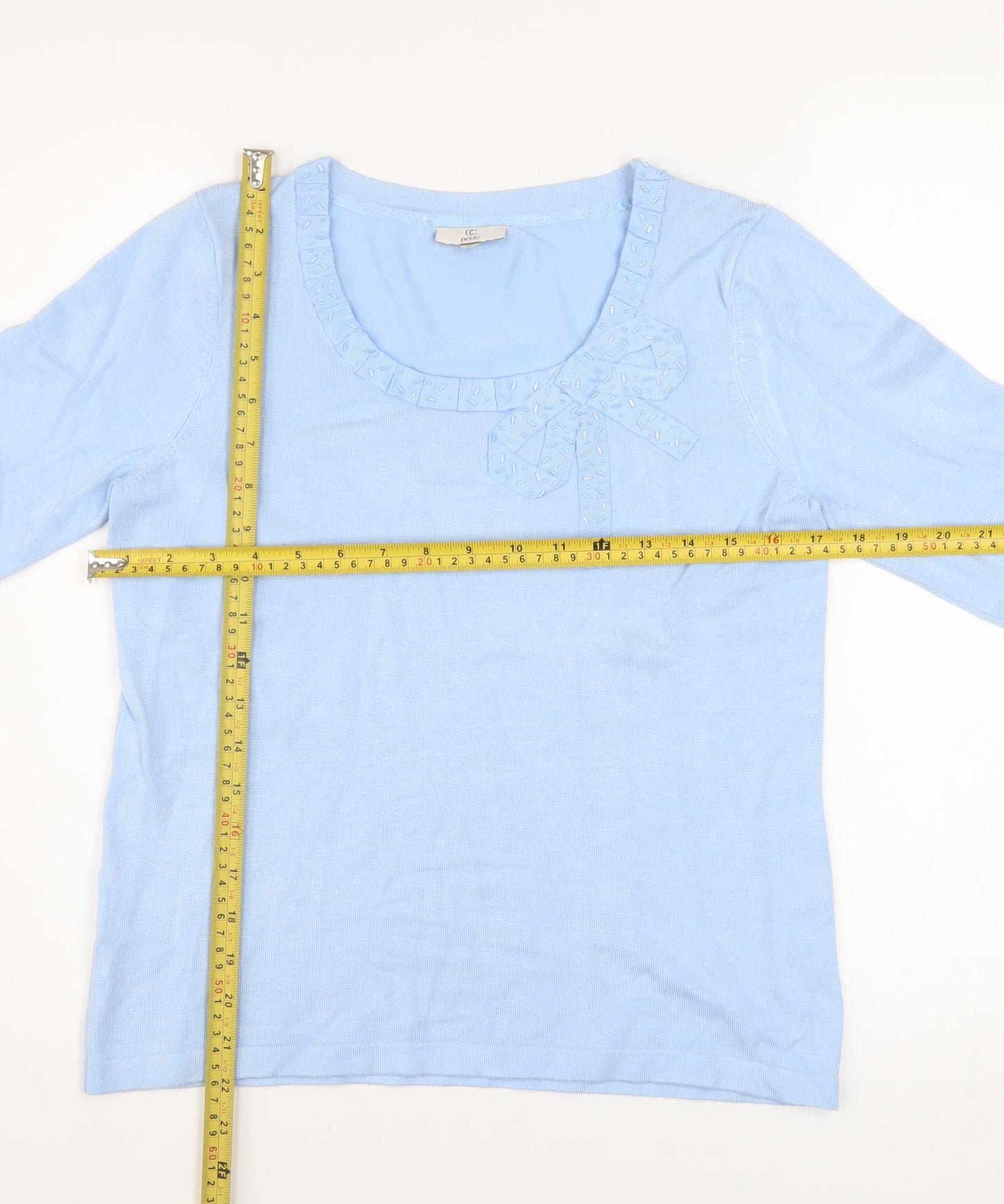 CC Petite Women's Blue Bow Scoop Neck 3/4 Sleeve Pullover Jumper Size S
