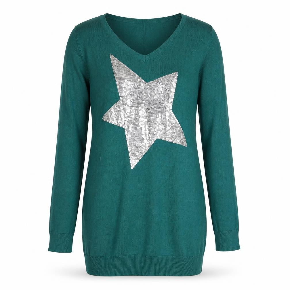 Front view of bpc bonprix collection Women Green 10-12 Sequin Star Long Sleeve Sweater Dress