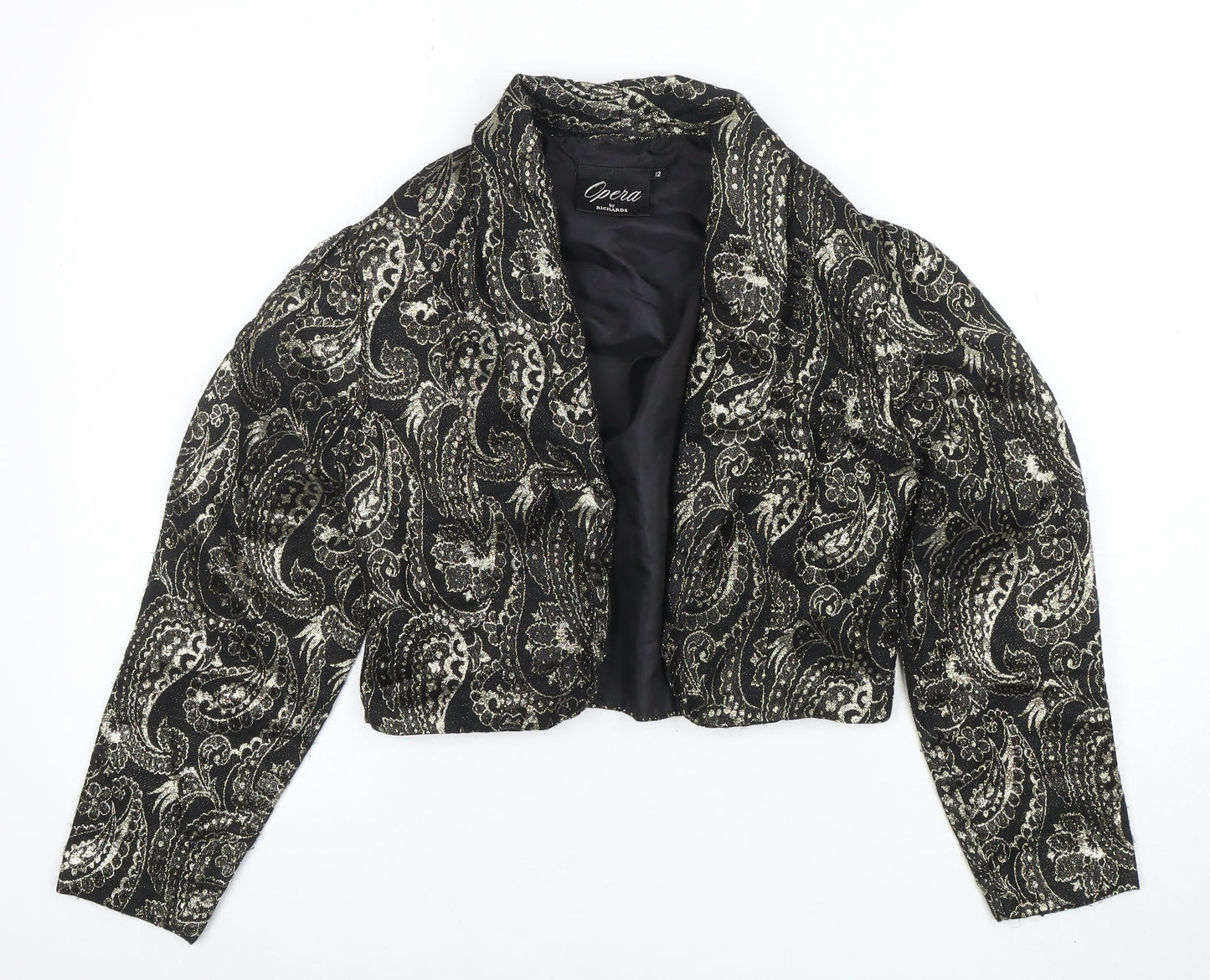 Opera by Richards Women's Black Paisley Metallic Cropped Blazer Size 12