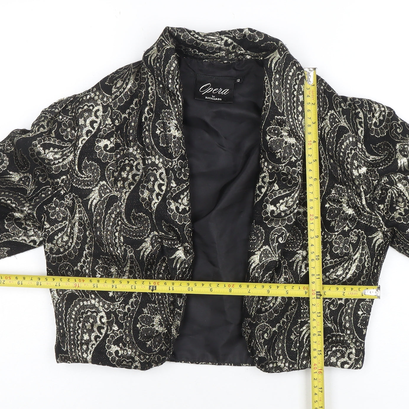 Opera by Richards Women's Black Paisley Metallic Cropped Blazer Size 12
