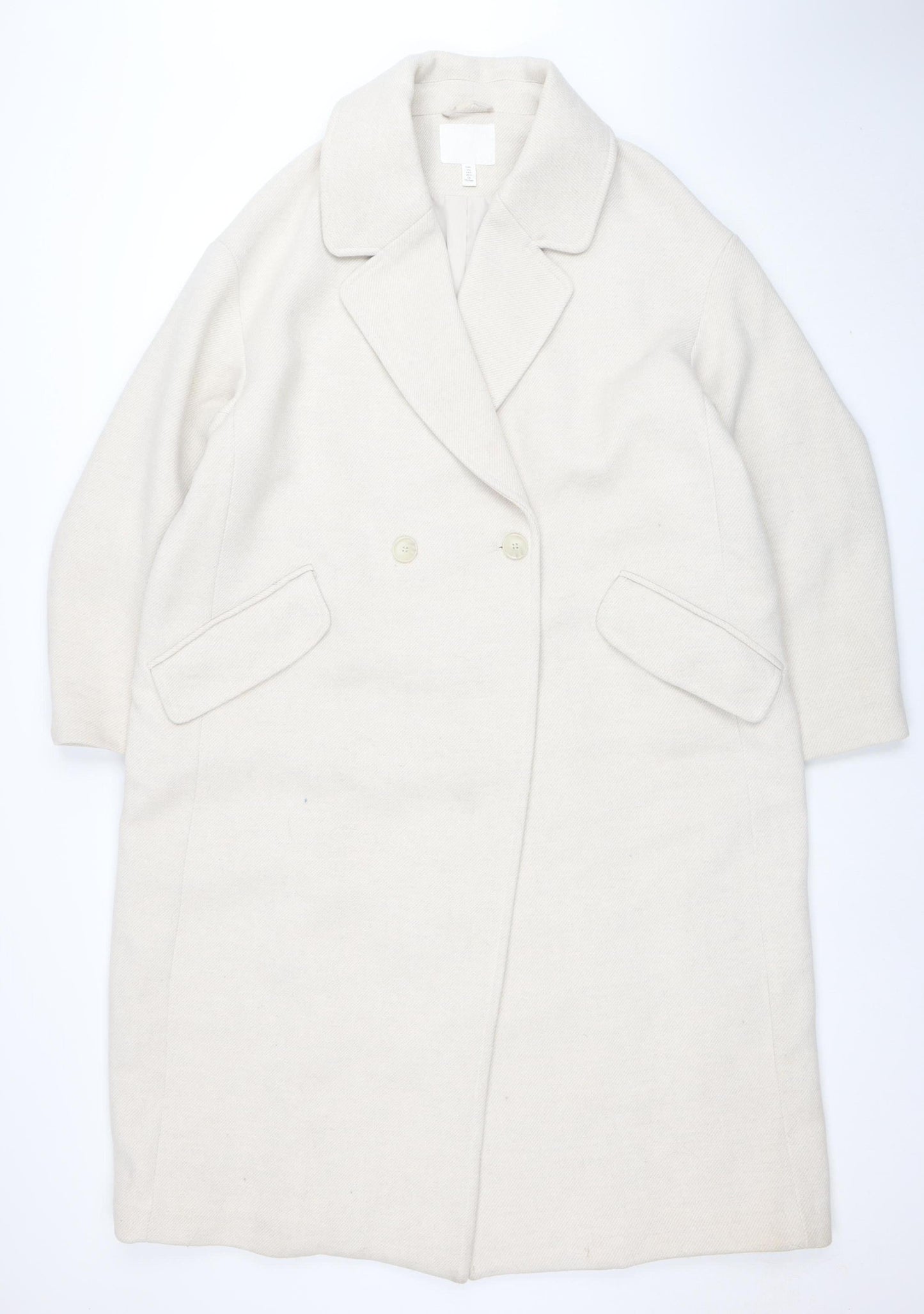 H&M Women’s Beige Long Pea Coat Size 14 Wool Blend Buttoned Classic