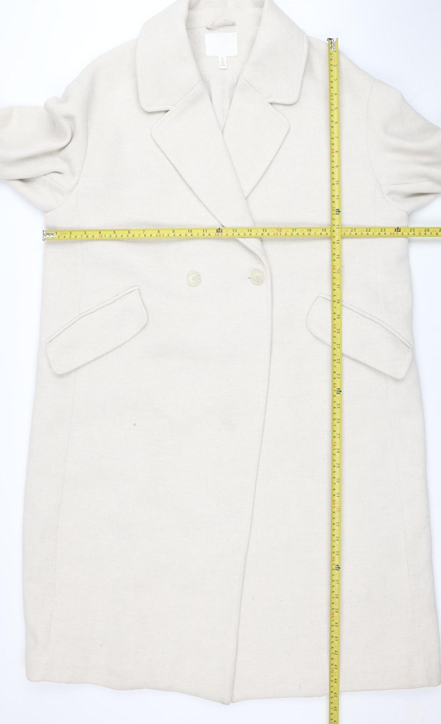 H&M Women’s Beige Long Pea Coat Size 14 Wool Blend Buttoned Classic