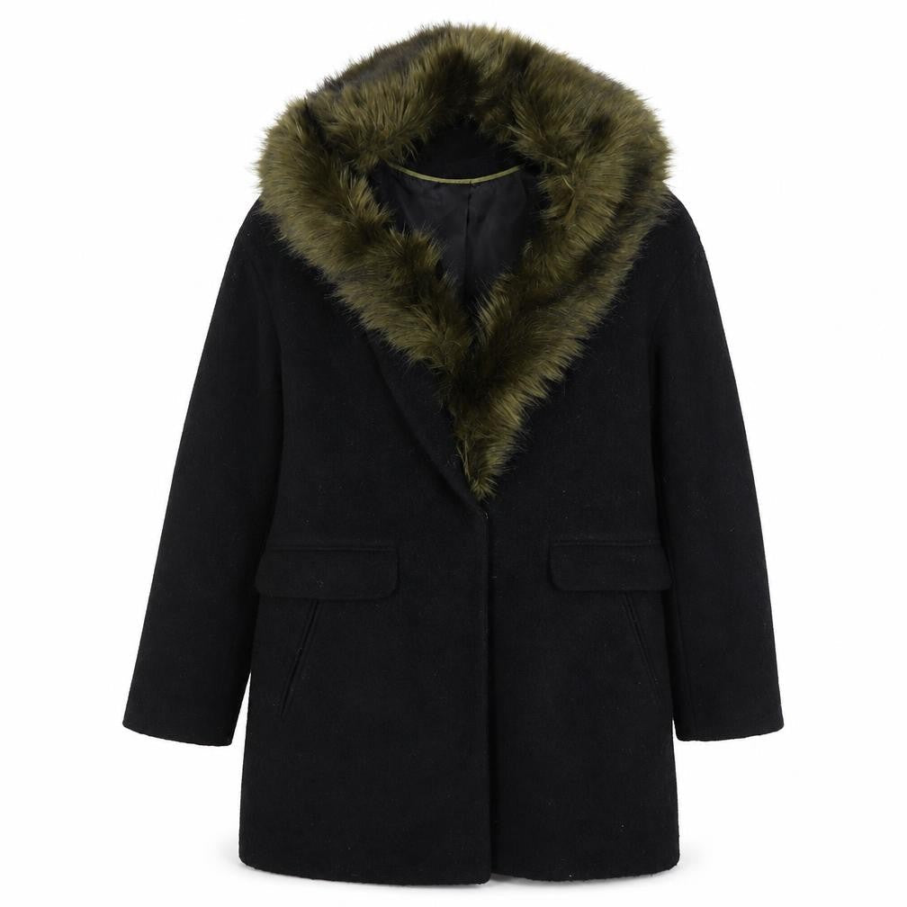 Dorothy Perkins Women's Black Faux Fur Trim Wool Blend Mid-Length Coat Size 10