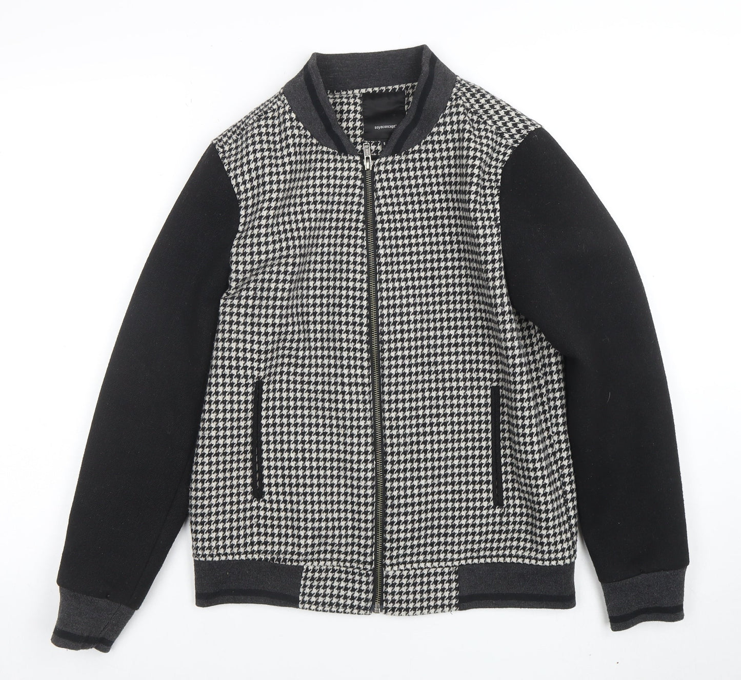 Soyaconcept Men Black & White Houndstooth Wool Blend Bomber Jacket S