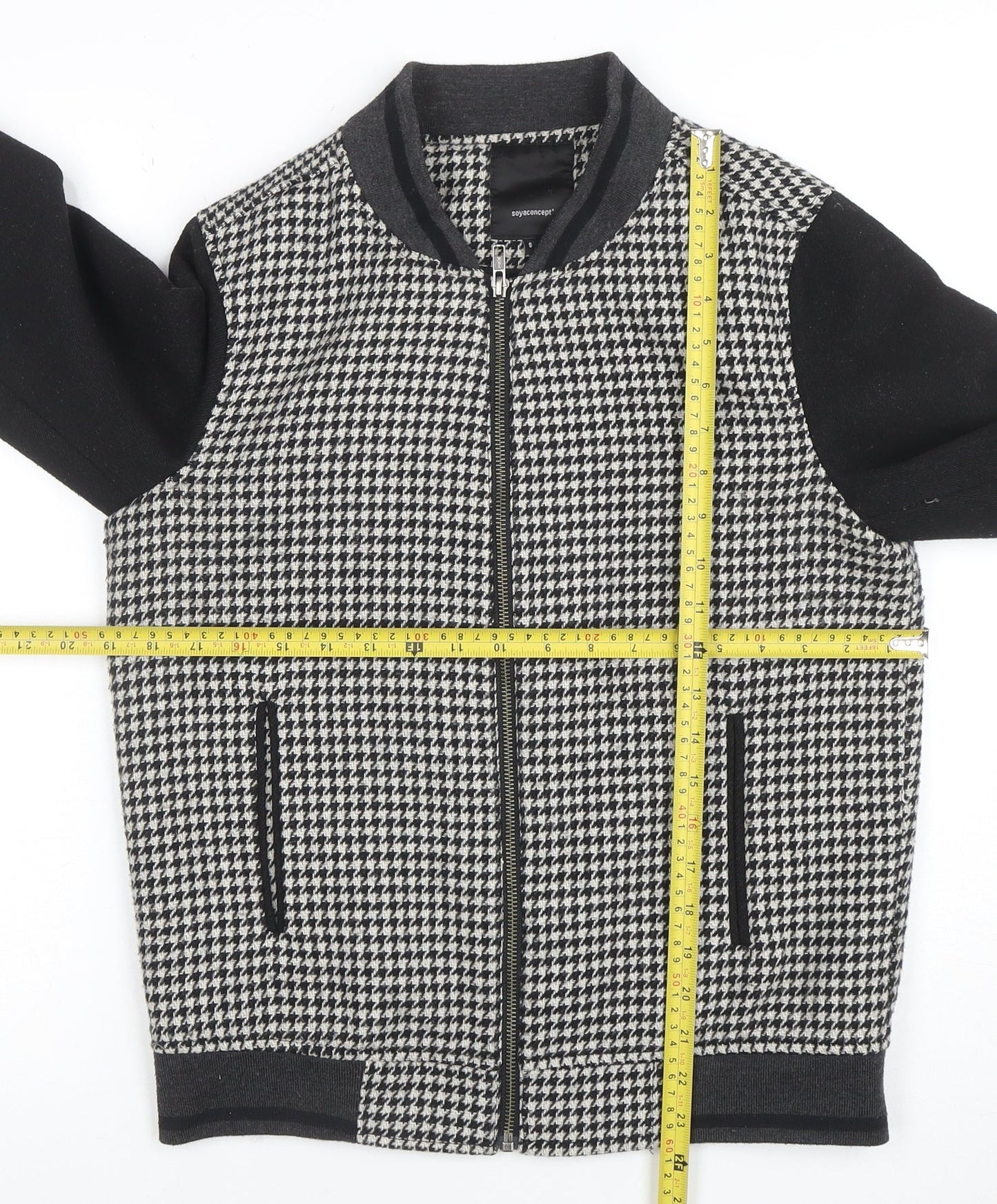 Soyaconcept Men Black & White Houndstooth Wool Blend Bomber Jacket S