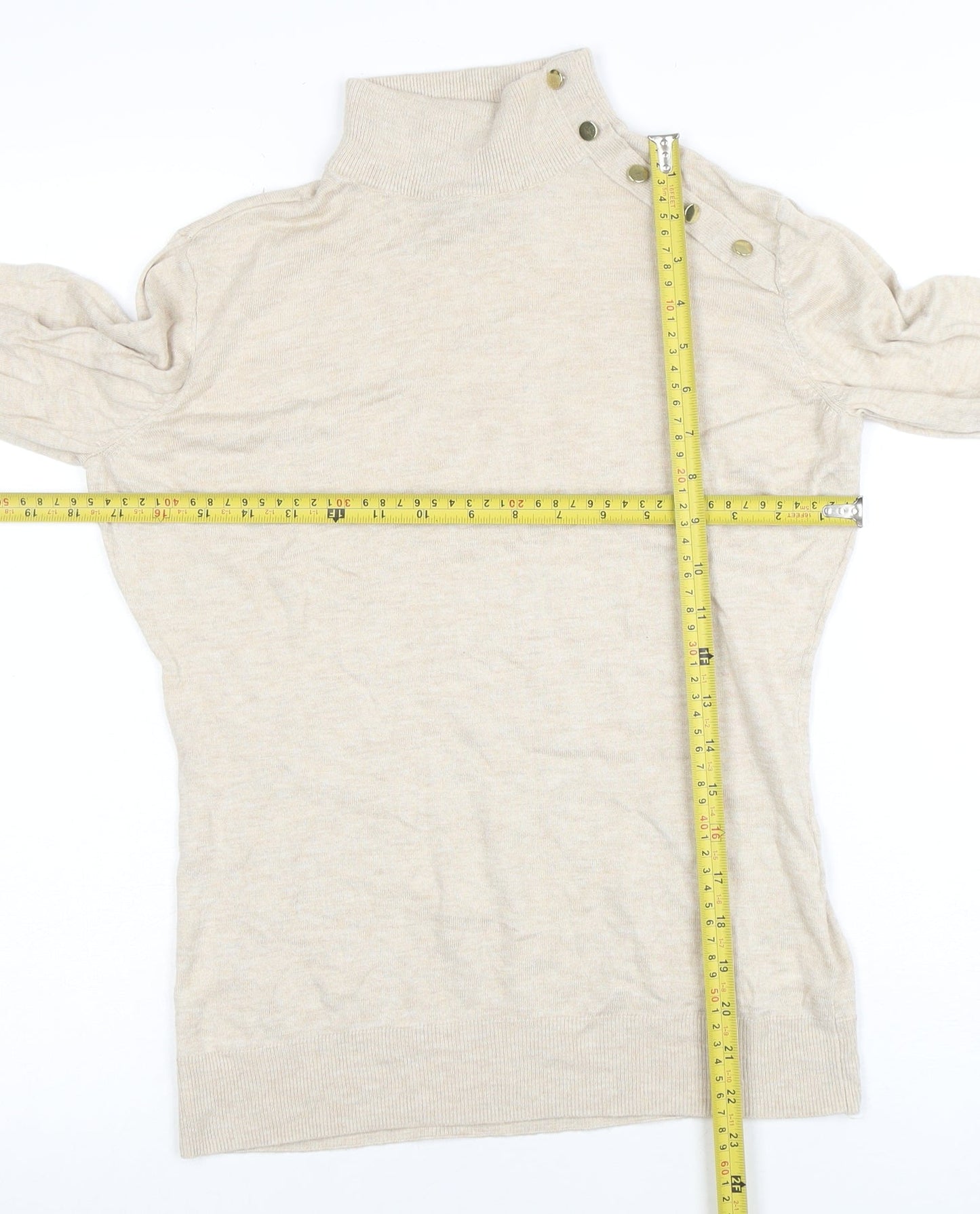 H&M Women's Beige Mock Neck Button Detail Knit Jumper Size M