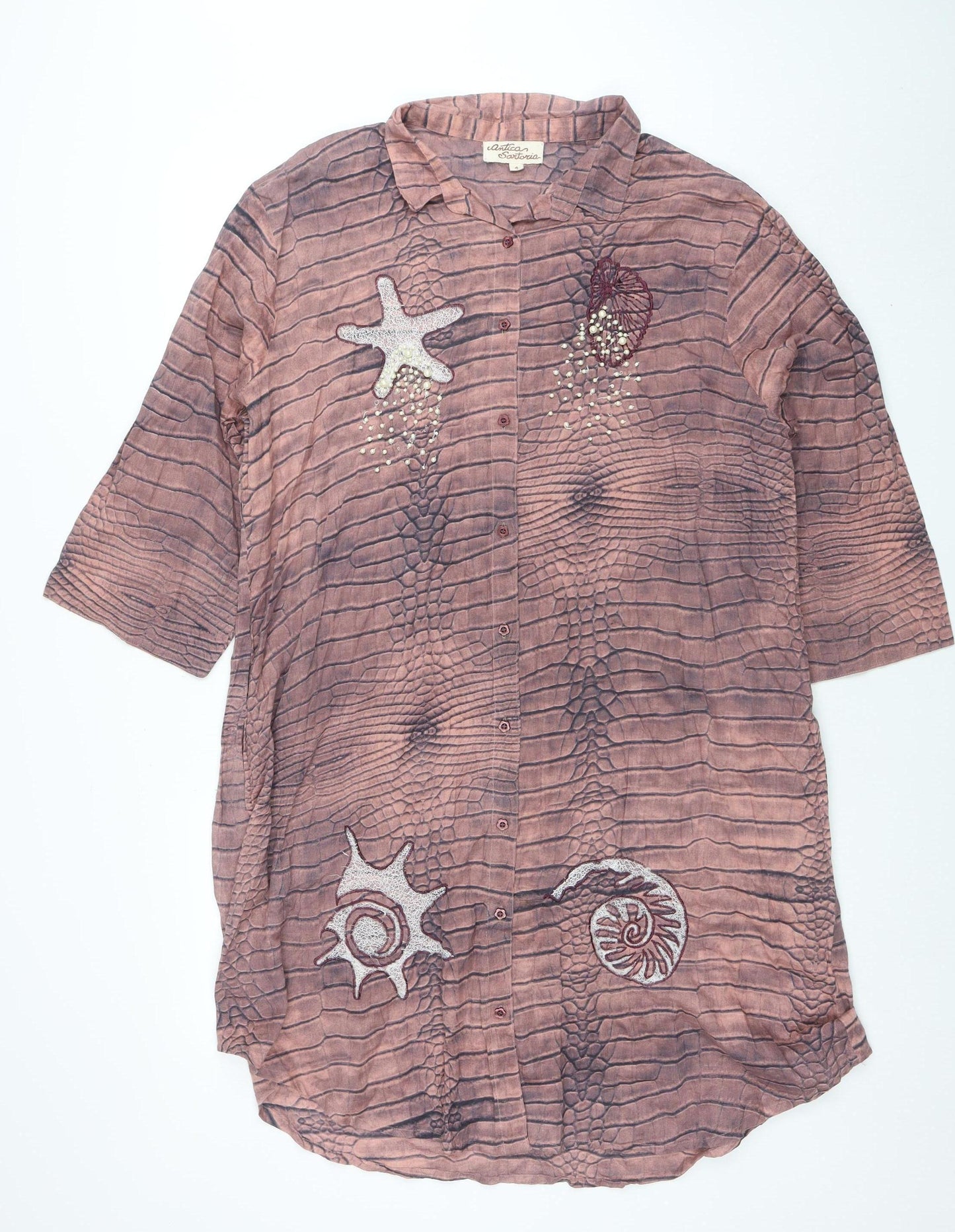 Antica Sartoria Women Brown Cotton Embroidered Shift Dress Size 4