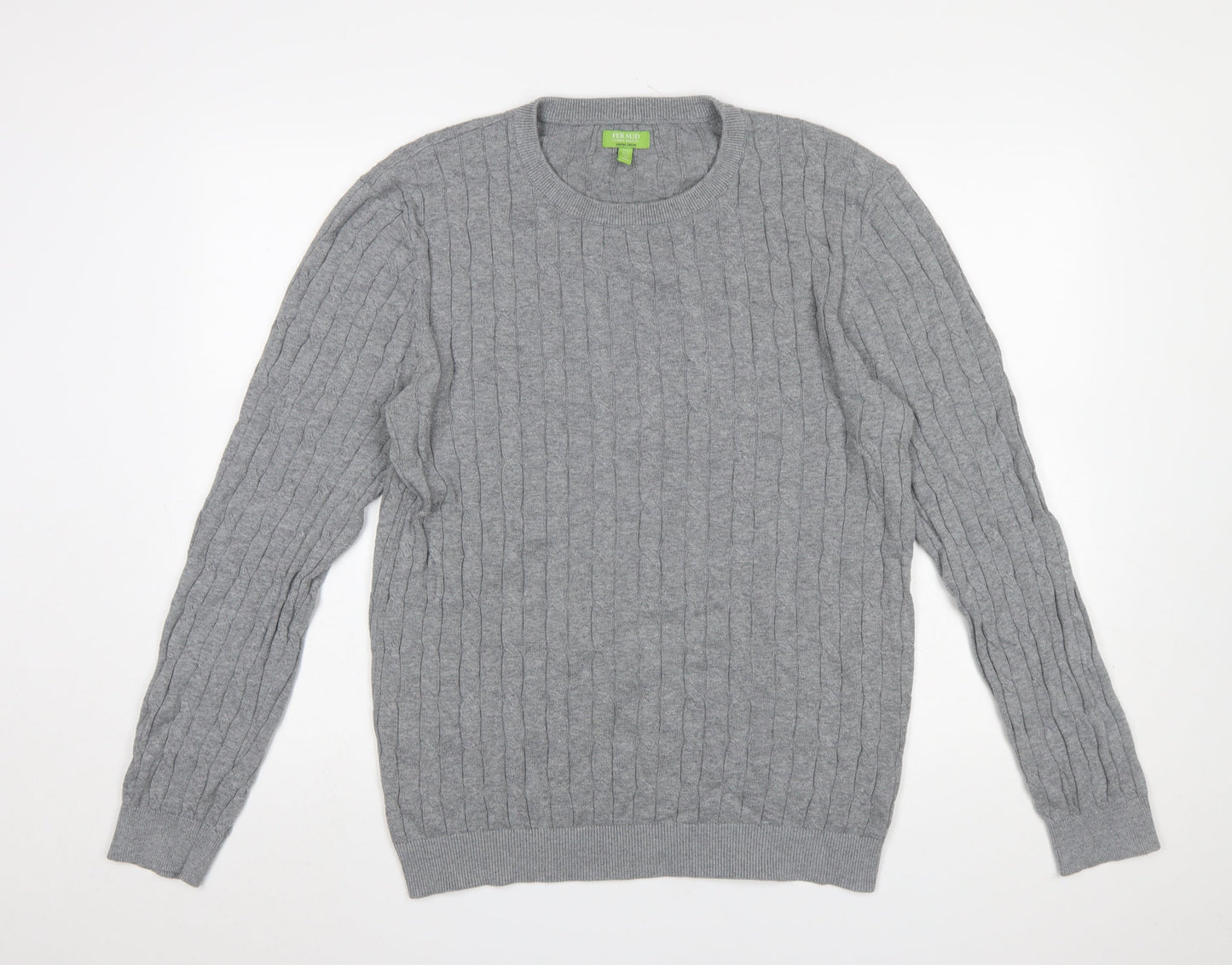 Feraud Mens Grey Cable-Knit Cotton Crew Neck Jumper XL