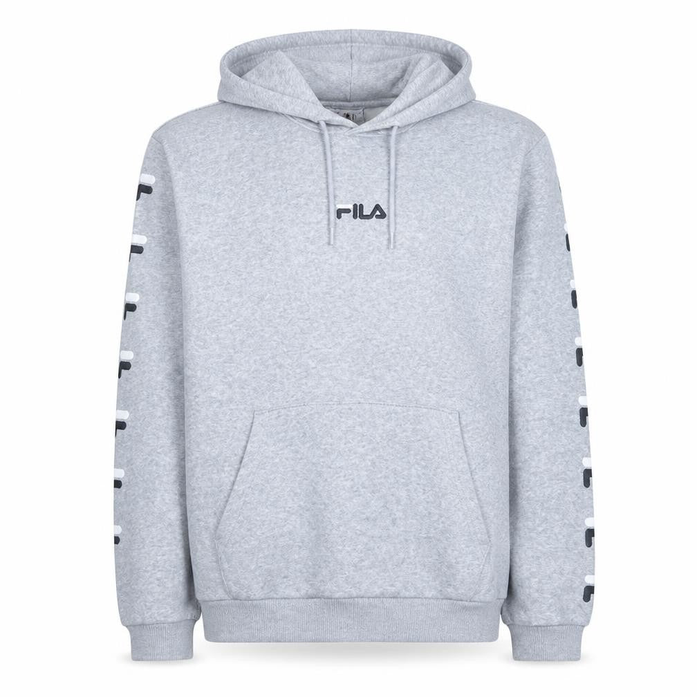 Front view of Fila Men's Grey Pullover Hoodie, size M, Logo Sportswear