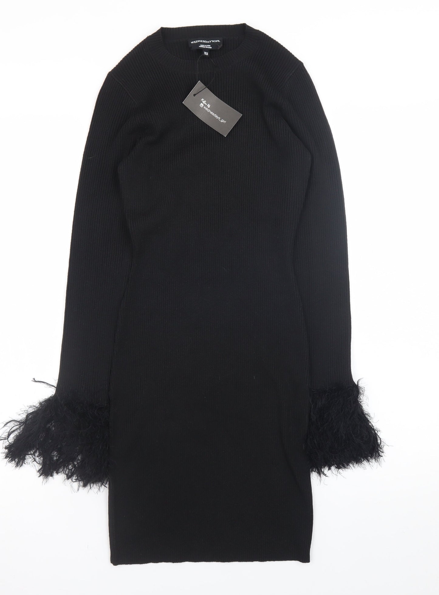 Wednesday's Girl Women's Black XS Bodycon Knit Dress with Feather Cuffs