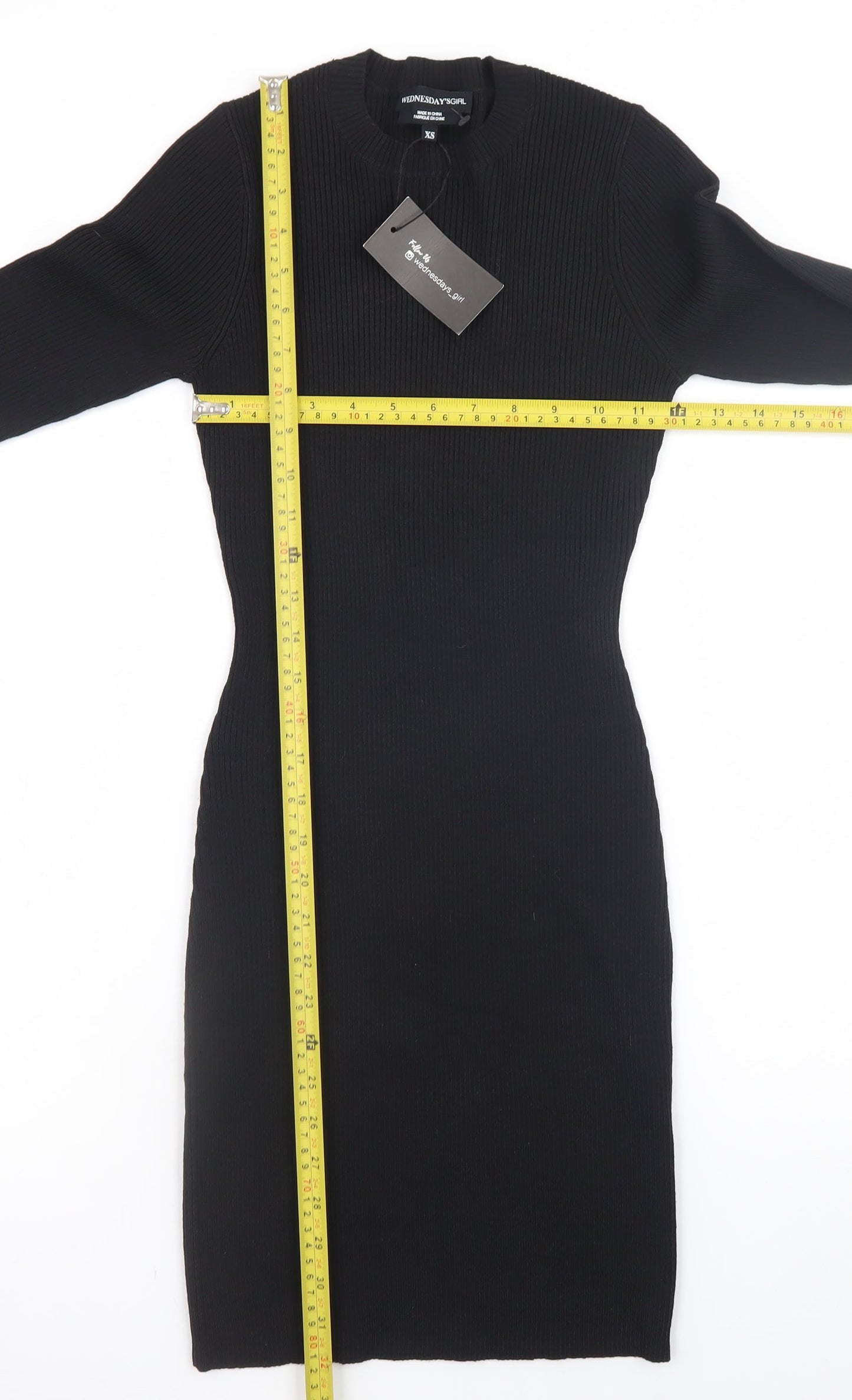 Wednesday's Girl Women's Black XS Bodycon Knit Dress with Feather Cuffs