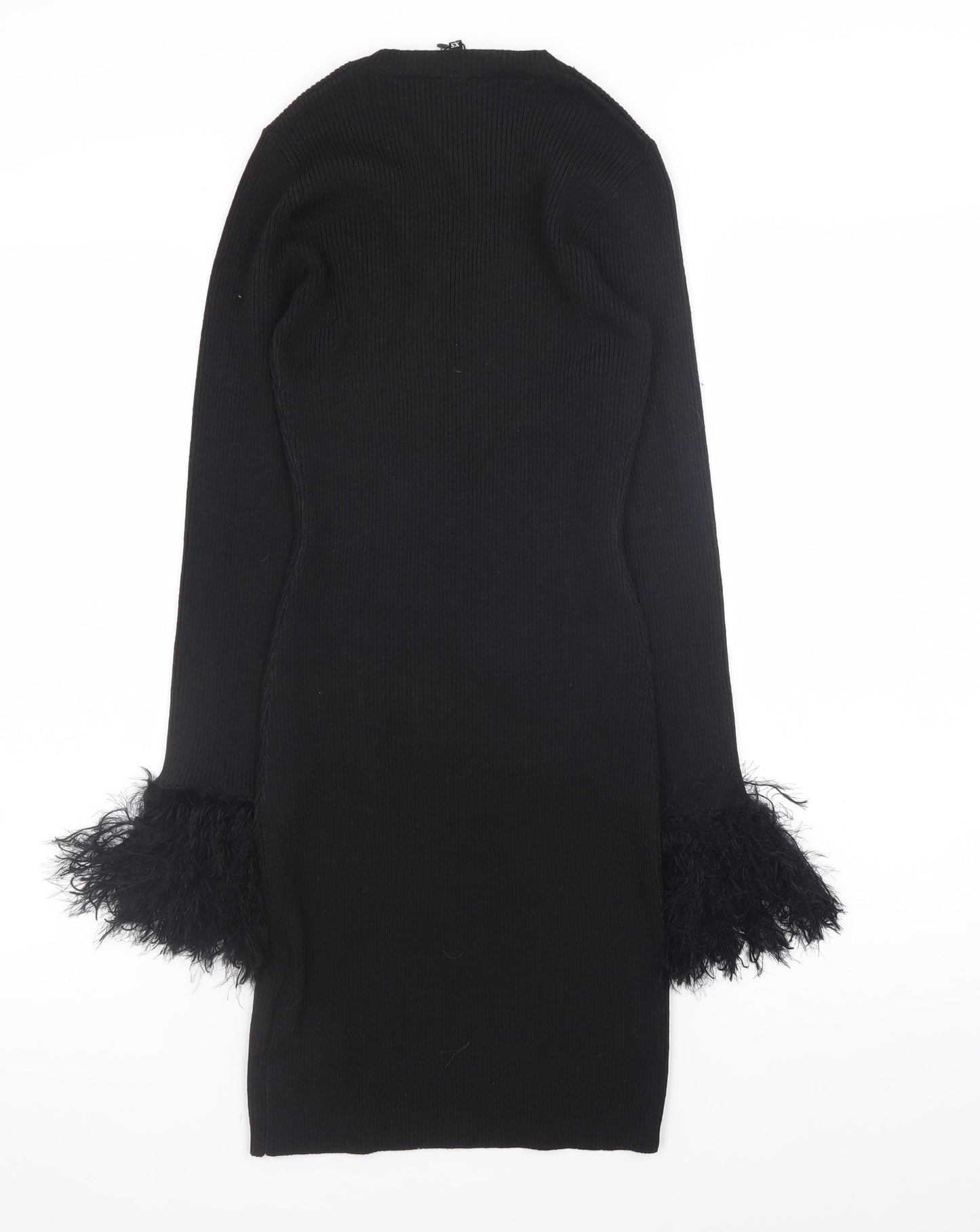 Wednesday's Girl Women's Black XS Bodycon Knit Dress with Feather Cuffs