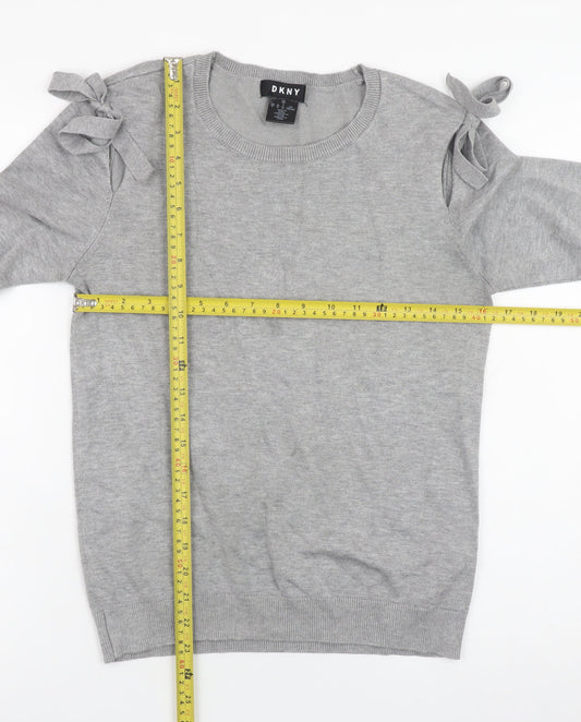 DKNY Women Grey Crew Neck Bow Sleeve Pullover Jumper Size S