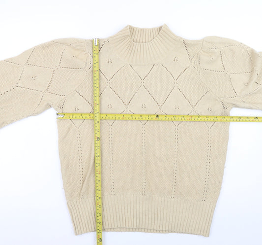 Fat Face Women Beige High Neck Puff Sleeve Knit Jumper Size 14
