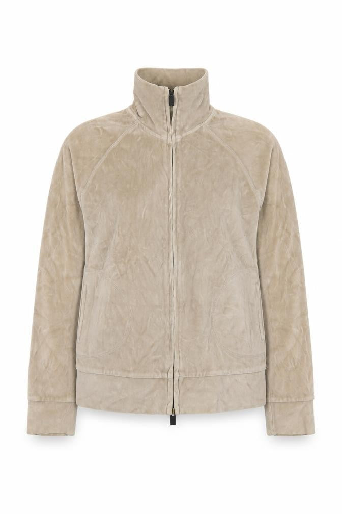 Front view of L.O.G.G. women’s beige full zip velour jacket, size M