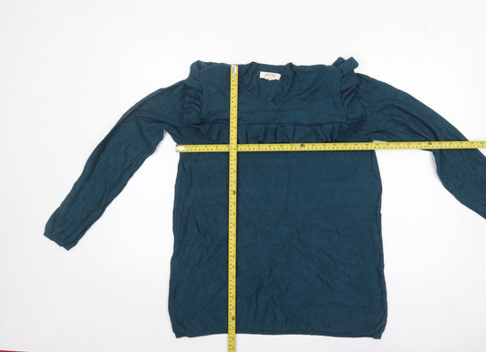 Fat Face Women's Blue Ruffle Crew Neck Long Sleeve Jumper Size 14