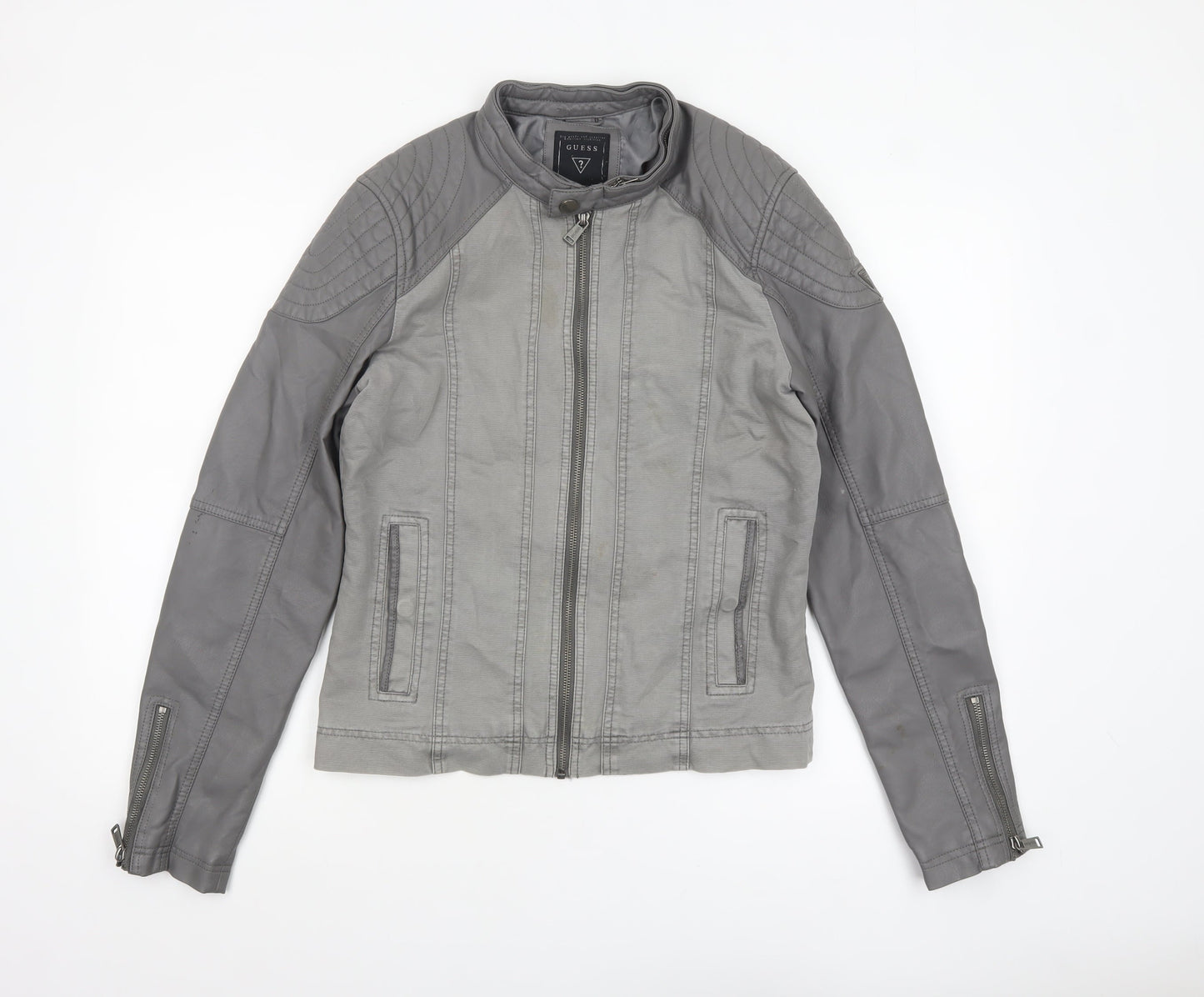 Guess Women's Grey XS Biker Jacket Faux Leather Zip Pockets