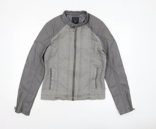 Guess Women's Grey XS Biker Jacket Faux Leather Zip Pockets