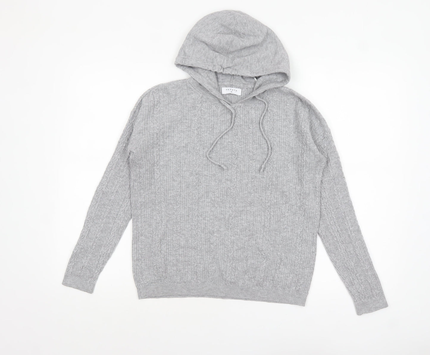 Papaya Womens Grey Cable-Knit Hooded Pullover Jumper M