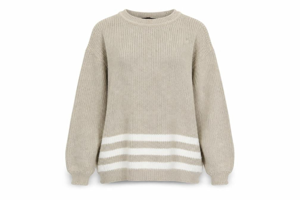 Lizsport Petites Womens Beige S Knit Crew Neck Striped Jumper