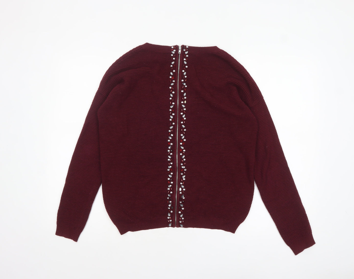 Next Women Red Jewel Zip Back Knit Jumper Size 10