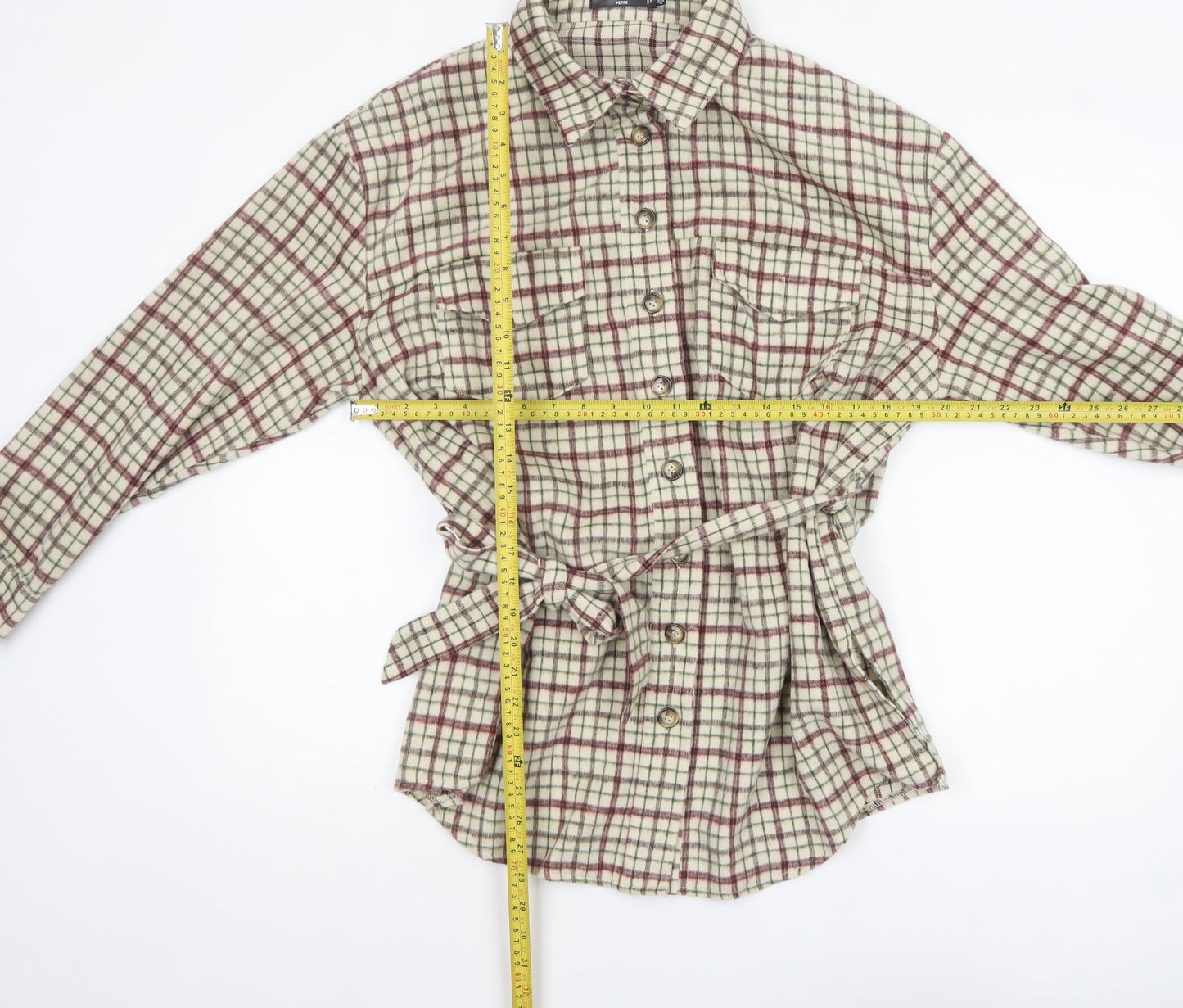 Missguided Petite Women’s Beige Check Belted Flannel Jacket Size 8