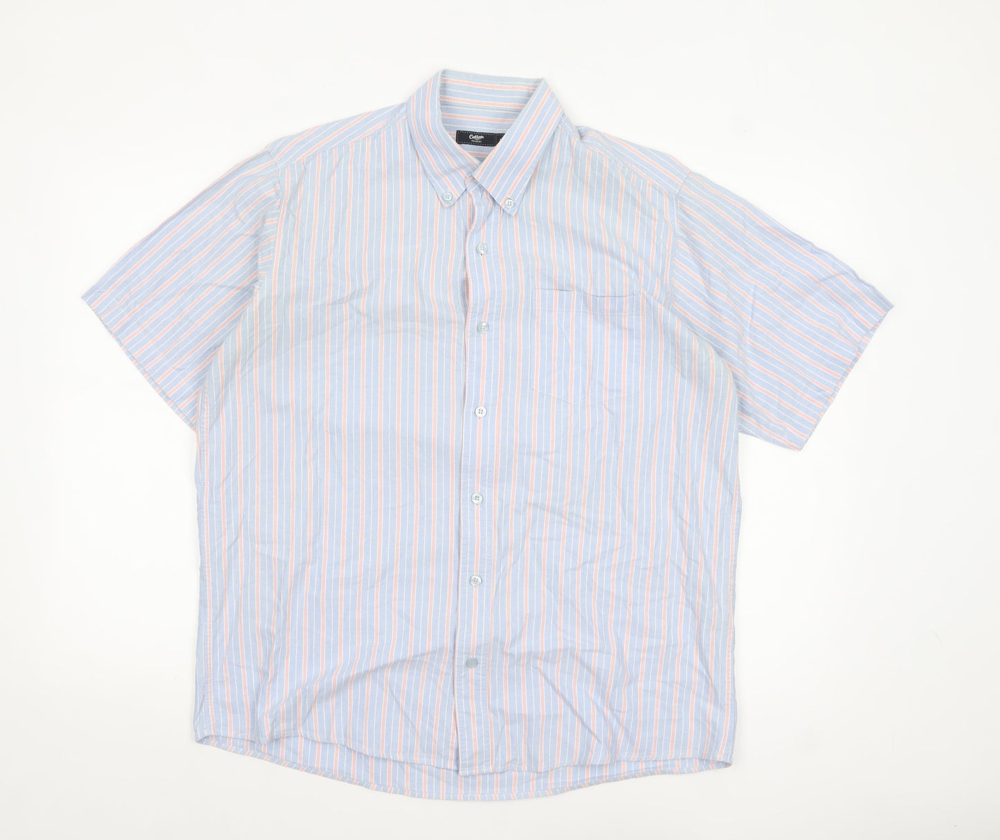 Cotton Traders Men's Blue Striped Short Sleeve Button-Up Shirt M