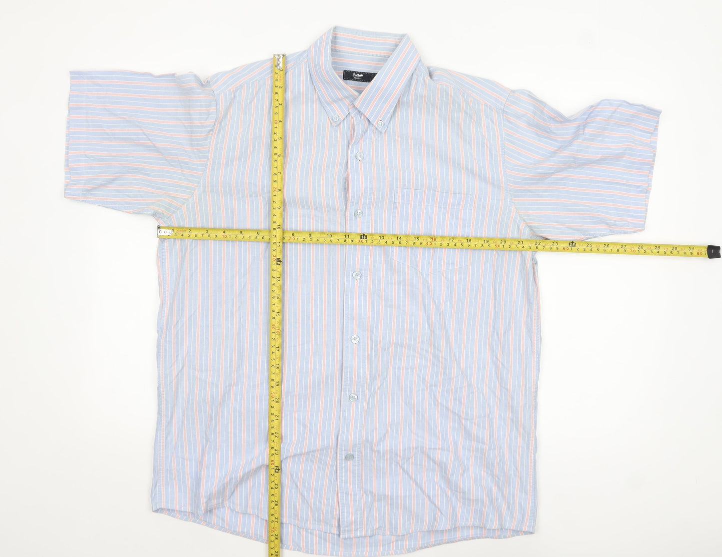 Cotton Traders Men's Blue Striped Short Sleeve Button-Up Shirt M