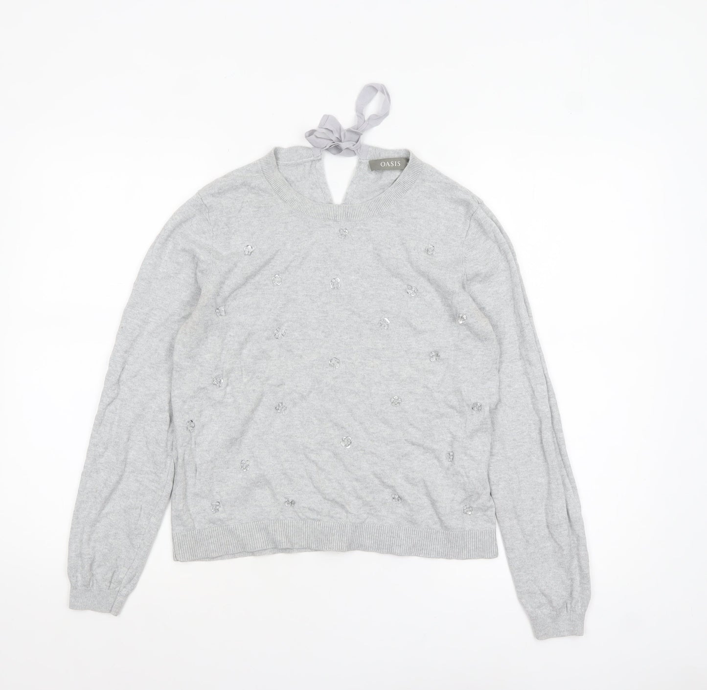 Oasis Women's Grey Beaded Bow Knit Pullover Jumper Size M
