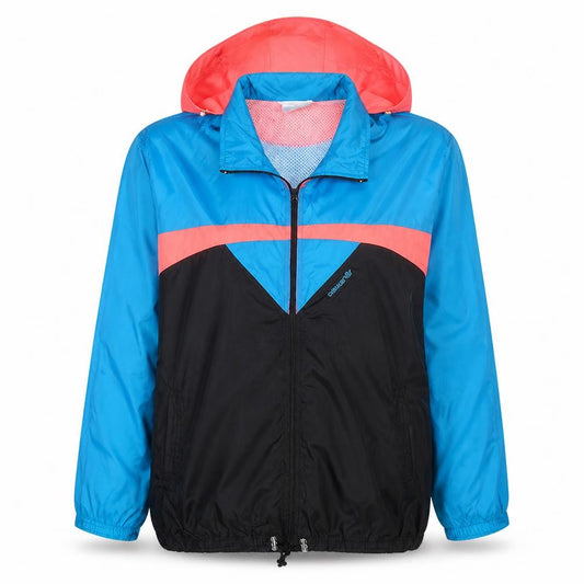 Adidas Womens Blue Retro Windbreaker Jacket L Hooded Full Zip Lightweight