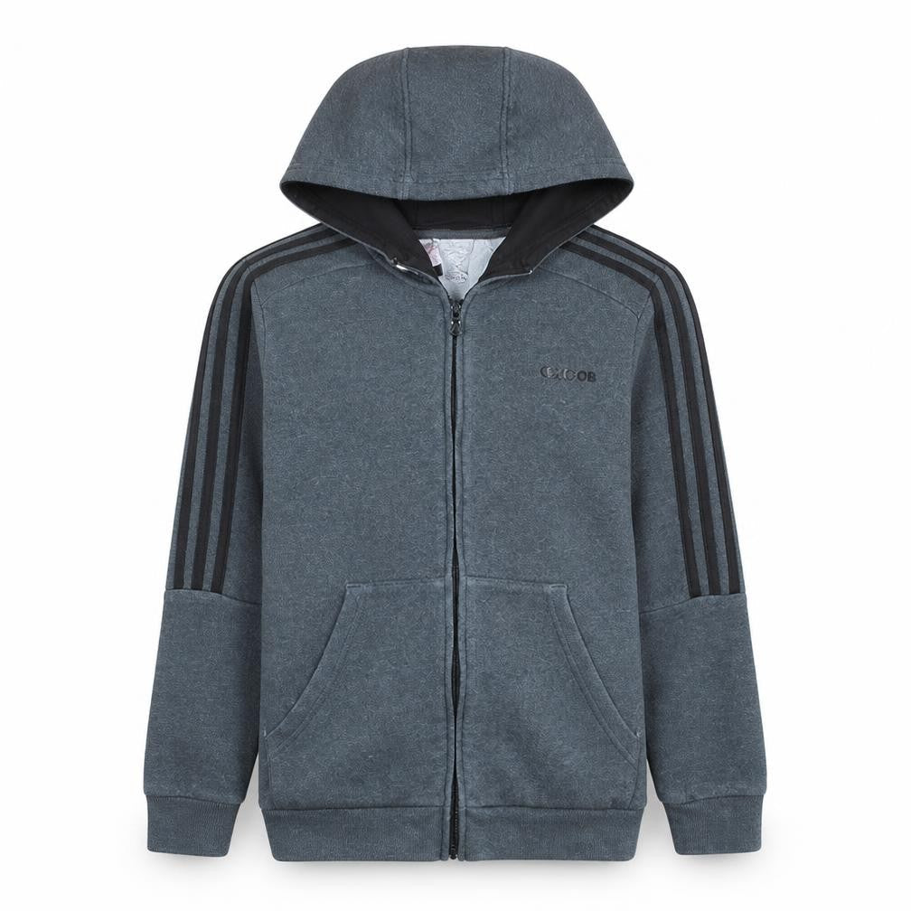 Front view of Adidas boys’ blue full zip hoodie, size 13-14, years casual sportswear