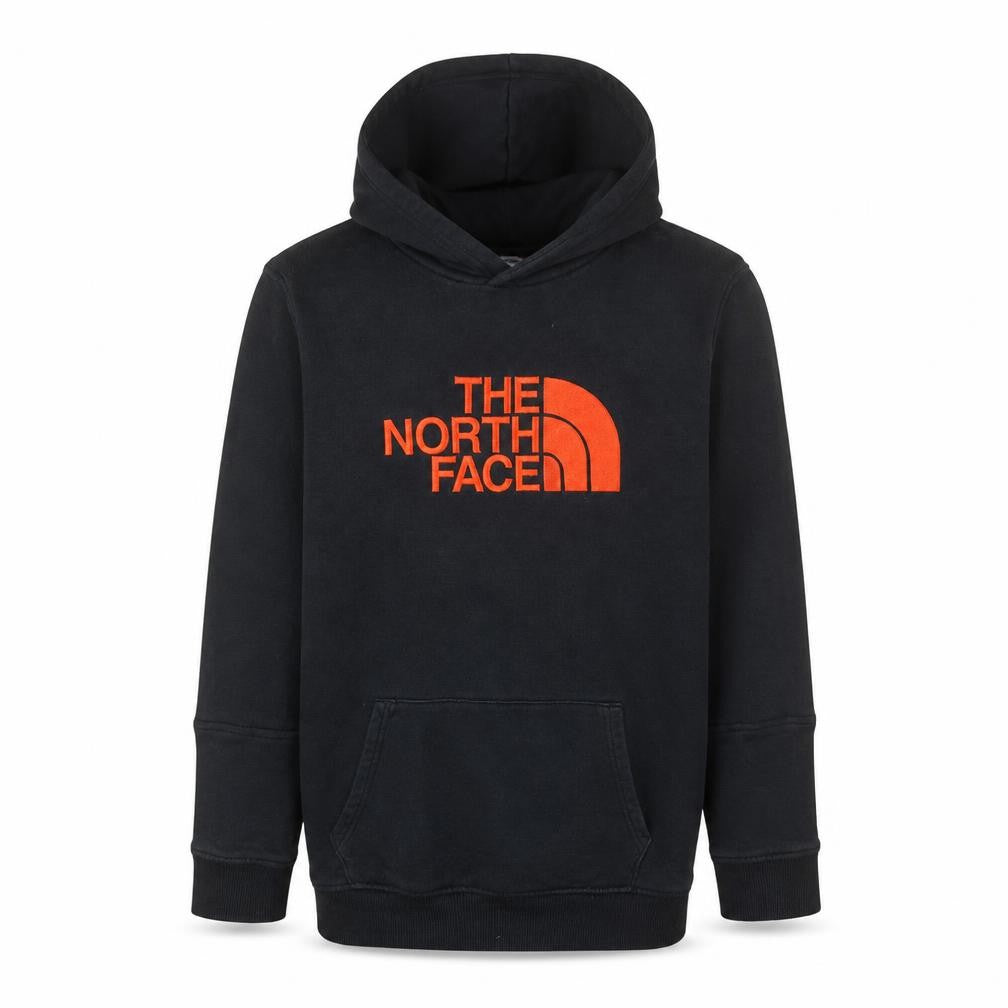 Front view of The North Face boys’ black xl pullover hoodie with red logo