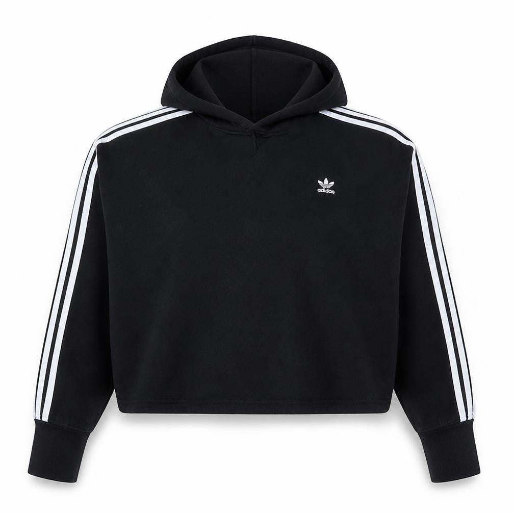 Adidas Womens Black Crop Pullover Hoodie UK 12 3-Stripes Logo