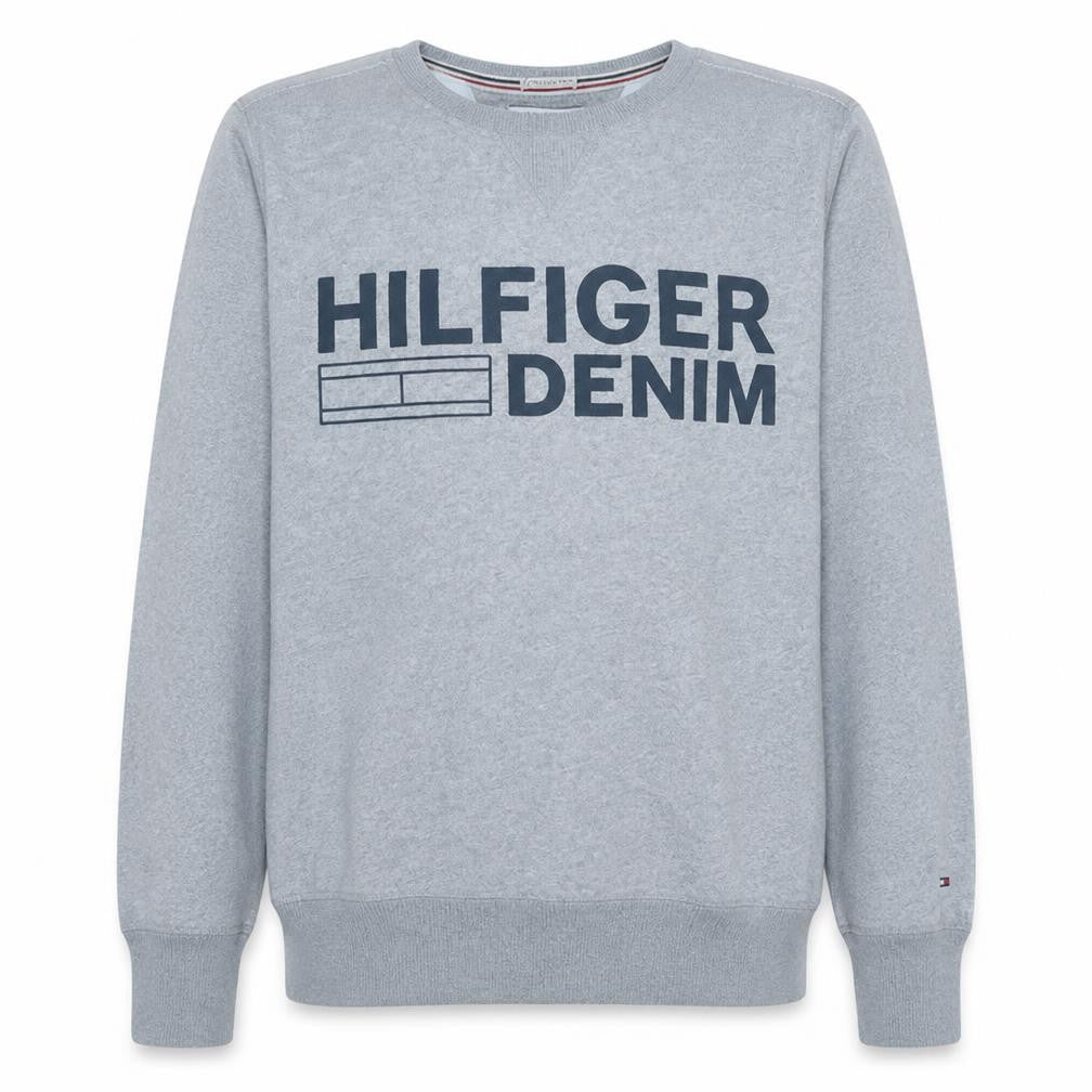 Front view of Hilfiger Denim Men's Grey Logo Sweatshirt L Regular Fit Pullover