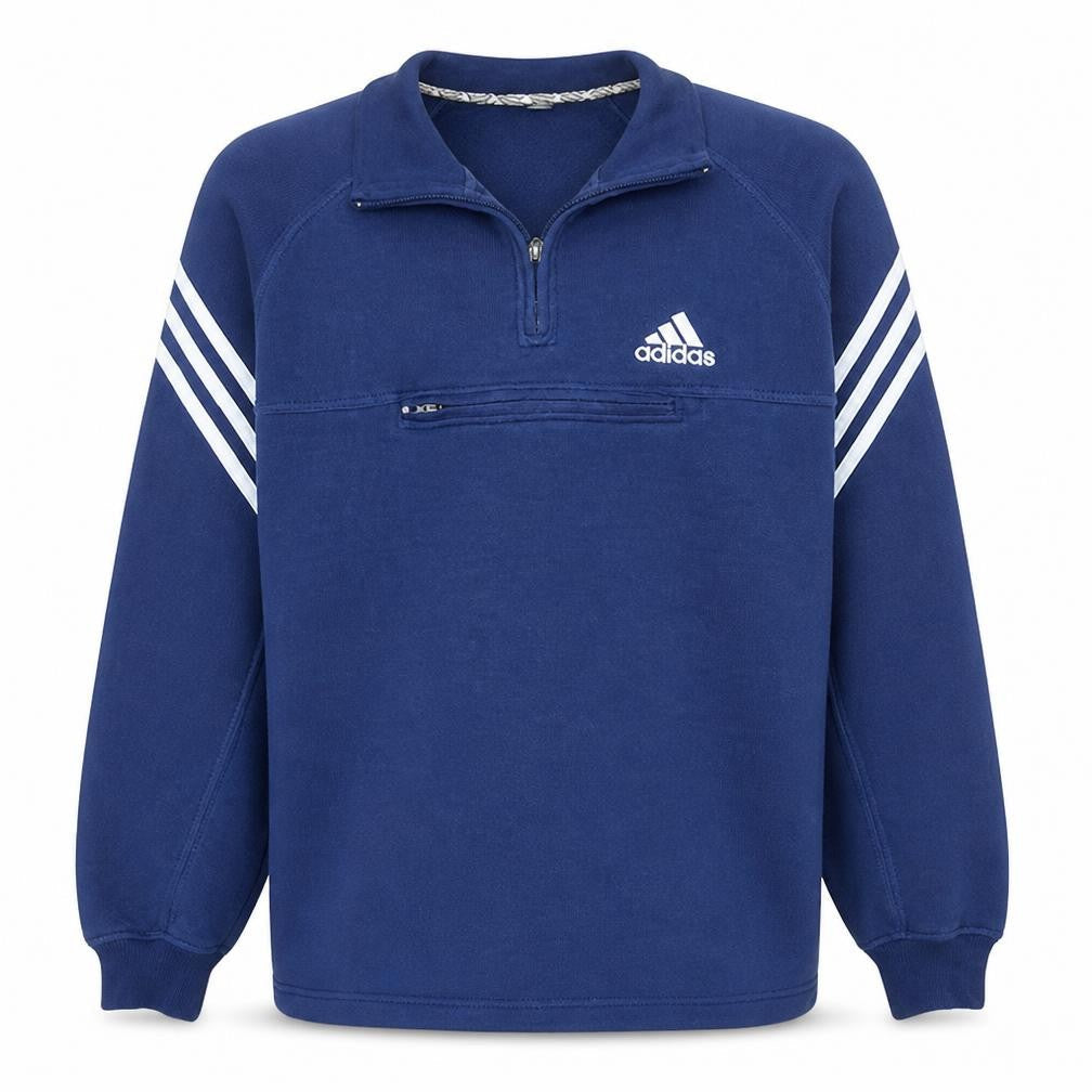 Front view of Adidas Men’s Blue 1/4 Zip Fleece Sweatshirt, size S, Sports Pullover