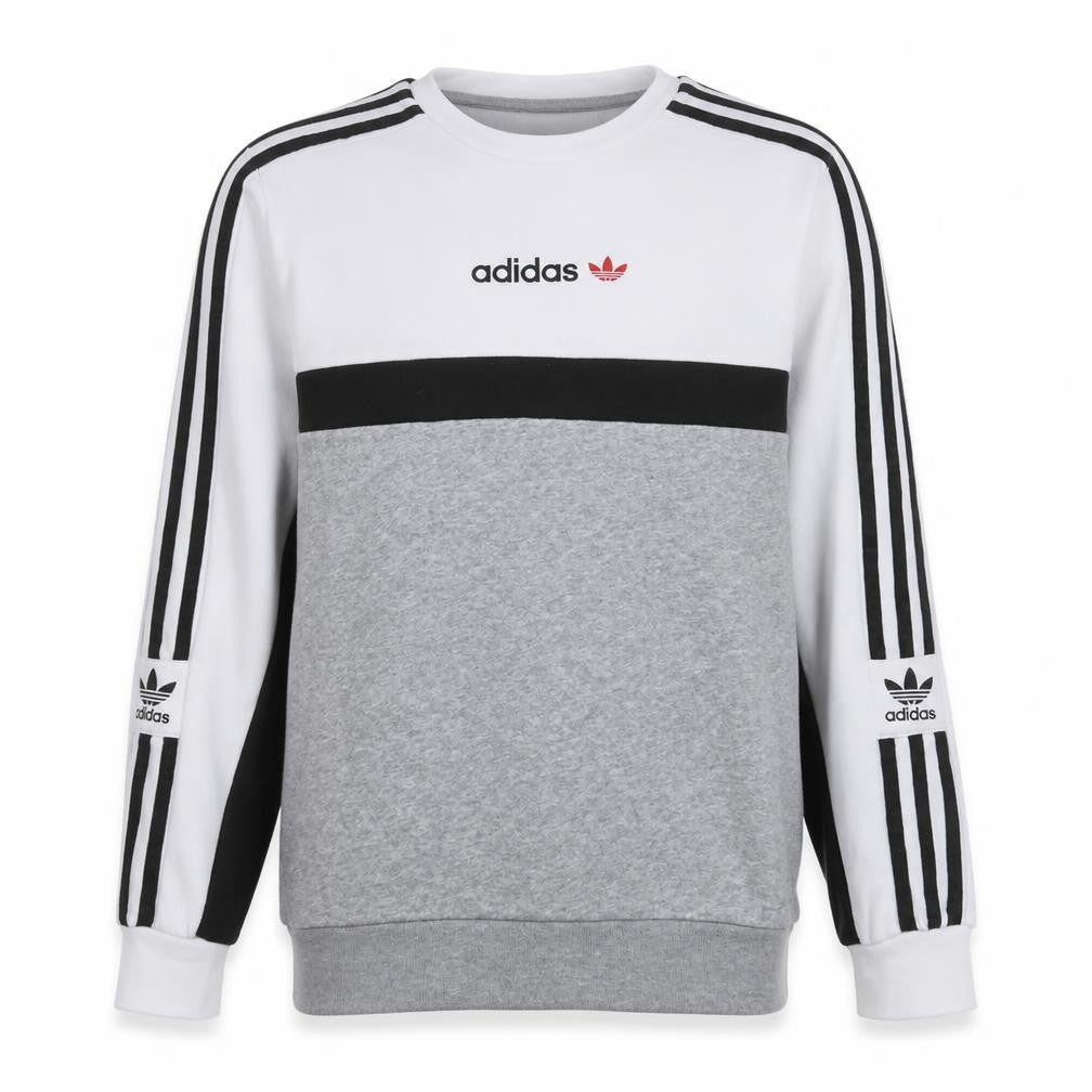 Front view of Adidas boys’ grey colourblock sweatshirt 13-14 years pullover crew neck